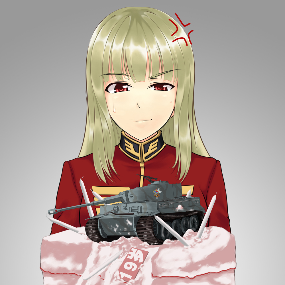 1girl anger_vein artist_request birthday_cake blonde_hair breasts cake candle caterpillar_tracks character_request commentary_request food grey_background ground_vehicle gun gundam long_hair looking_down machine_gun military military_uniform military_vehicle motor_vehicle red_eyes sweatdrop tank tiger_i translation_request uniform weapon