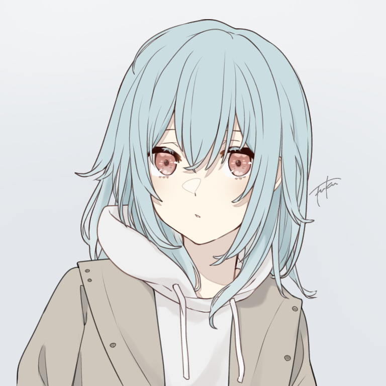 1other androgynous bangs blue_hair fu_ku1_437 hair_between_eyes hood hoodie jacket long_hair open_mouth red_eyes rimuru_tempest signature simple_background solo tensei_shitara_slime_datta_ken