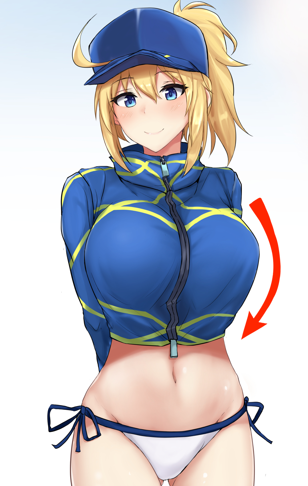 1girl ahoge arms_behind_back arrow_(symbol) artoria_pendragon_(all) ass_visible_through_thighs baseball_cap bikini blonde_hair blue_eyes blue_headwear breasts closed_mouth eyebrows_visible_through_hair fate/grand_order fate_(series) hair_between_eyes hair_through_headwear hat highres large_breasts looking_at_viewer mysterious_heroine_xx_(foreigner) navel ponytail poshi_(ginmokusei) shrug_(clothing) side-tie_bikini smile solo swimsuit white_bikini zipper