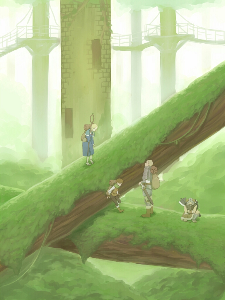 1girl 3boys armor axe backpack bag beard blonde_hair chilchuck dungeon_meshi facial_hair forest hata_(htrrrrrr) kneeling laios_thorden long_hair marcille multiple_boys nature outdoors scenery senshi_(dungeon_meshi) staff sword tree weapon