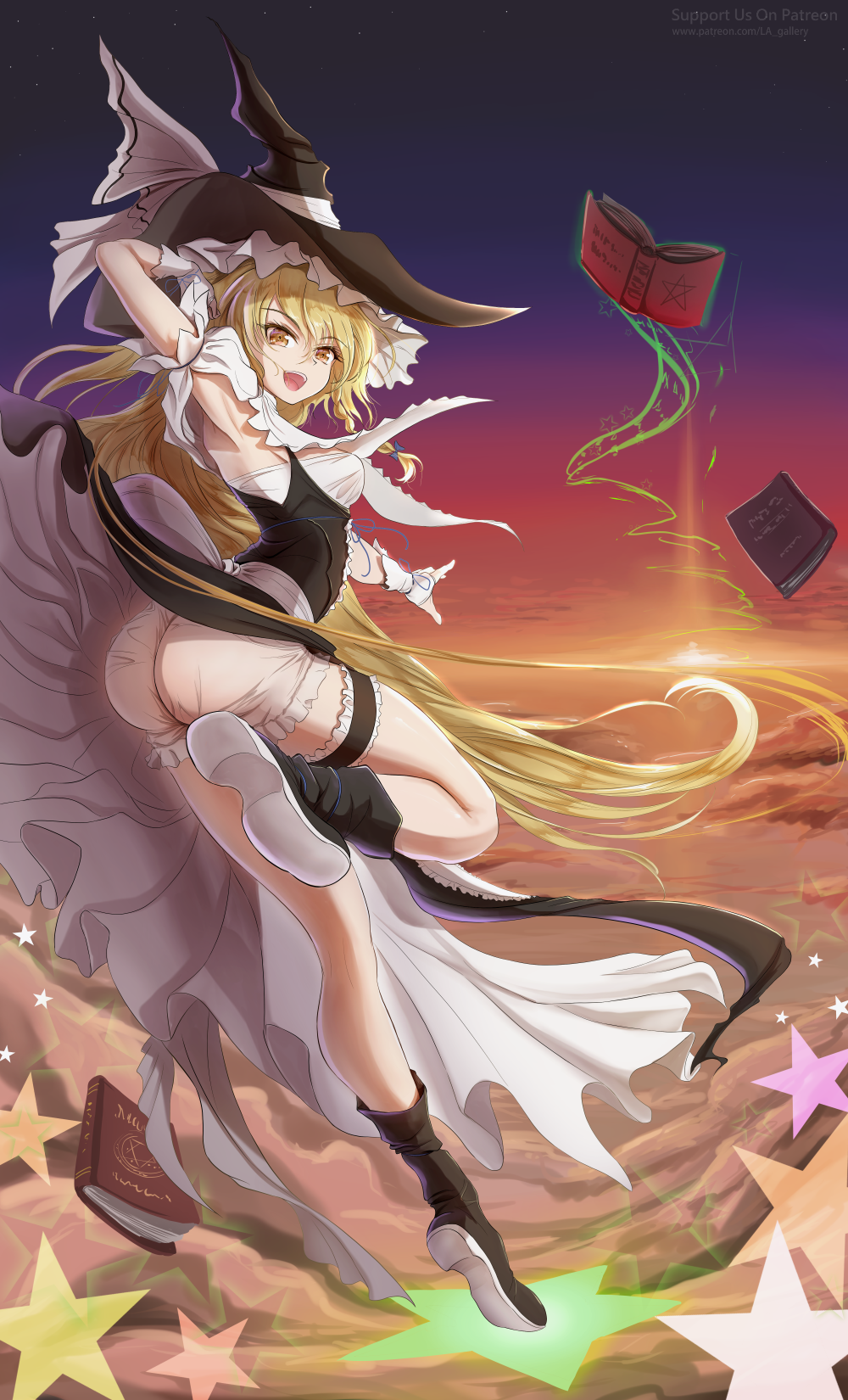 1girl armspits ass black_footwear blonde_hair bloomers blush book boots breasts clouds cloudy_sky eyebrows_visible_through_hair flying gloves hat highres kirisame_marisa long_hair looking_at_viewer looking_back medium_breasts namiki_(remiter00) open_mouth outdoors shiny shiny_hair skirt skirt_lift sky smile solo star_(symbol) touhou underwear white_bloomers white_gloves witch witch_hat yellow_eyes