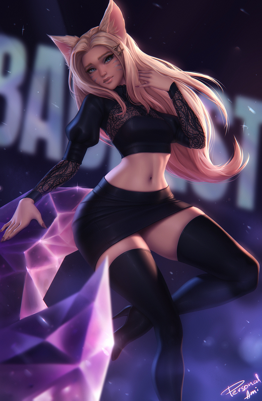 1girl ahri animal_ears black_footwear black_skirt blue_eyes blush boots breasts crop_top crystal_tail forehead fox_ears hair_ornament hairclip high_heel_boots high_heels highres juliet_sleeves k/da_(league_of_legends) lace lace_sleeves league_of_legends lips long_hair long_sleeves midriff miniskirt navel nose personal_ami puffy_sleeves skirt small_breasts solo the_baddest_ahri thigh-highs thigh_boots whisker_markings zettai_ryouiki