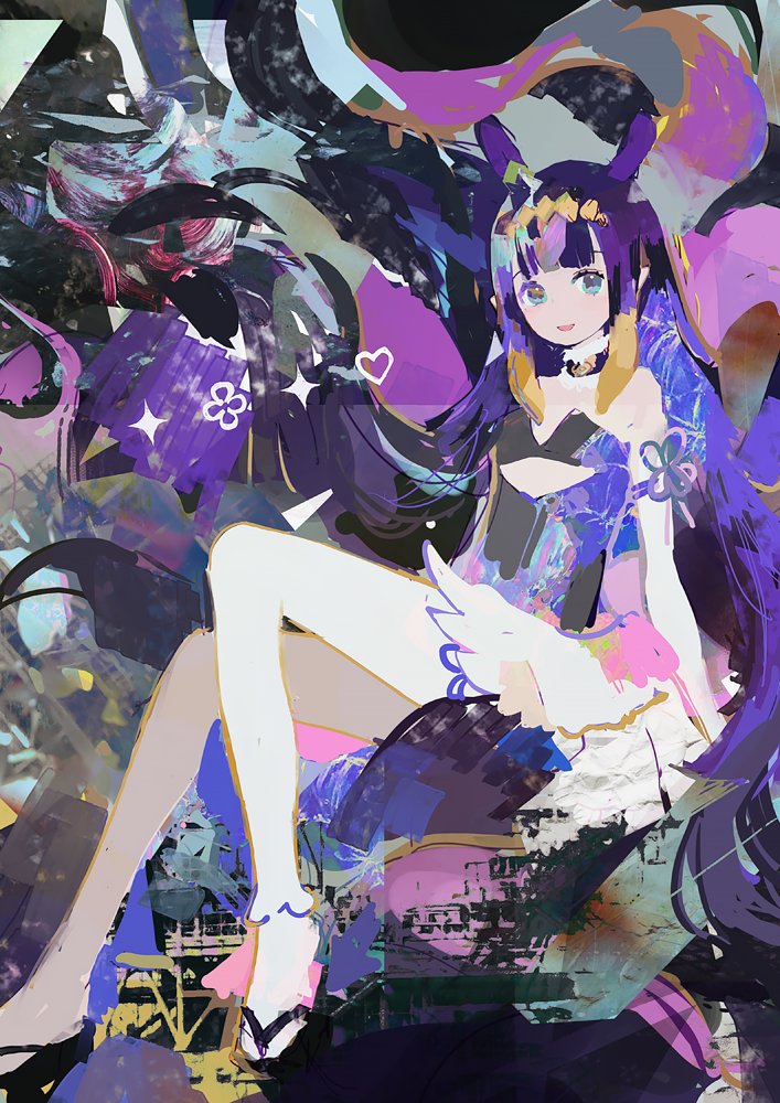 1girl abstract black_footwear blue_eyes chaikitsu choker detached_sleeves gloves heart hololive hololive_english long_hair multicolored_hair ninomae_ina'nis open_mouth orange_hair purple_hair sandals single_detached_sleeve single_thighhigh solo tentacle_hair tentacles thigh-highs virtual_youtuber white_background