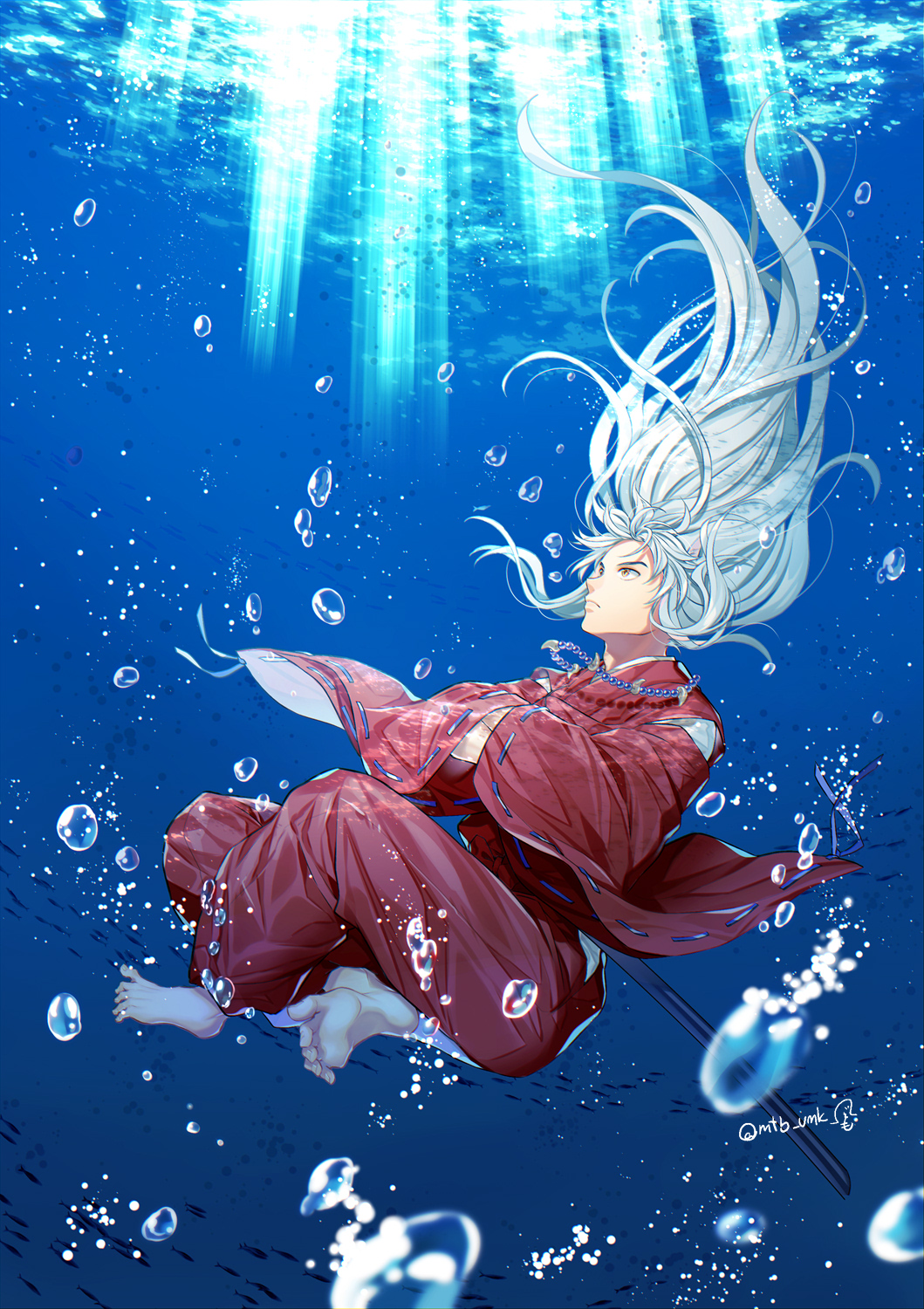 1boy air_bubble animal_ears barefoot bead_necklace beads blue_background blurry bubble caustics crossed_arms depth_of_field dog_ears fang_necklace floating_hair from_side frown full_body hands_in_opposite_sleeves highres indian_style inuyasha inuyasha_(character) japanese_clothes jewelry light_rays long_hair long_sleeves looking_up male_focus motobi_(mtb_umk) necklace pants red_pants ribbon-trimmed_sleeves ribbon_trim school_of_fish sitting solo submerged underwater white_hair yellow_eyes