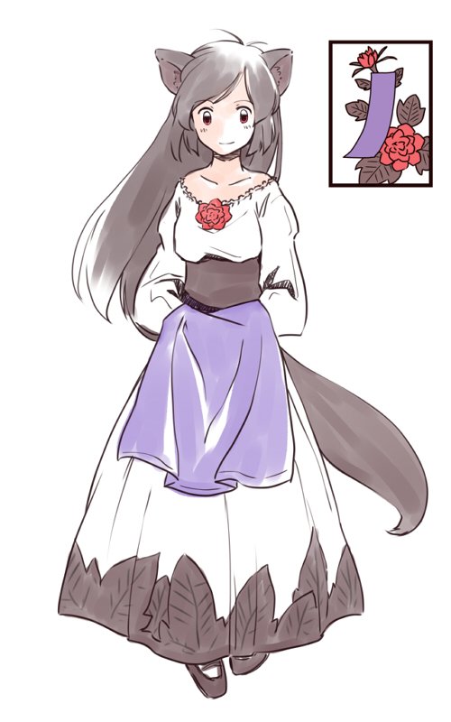 1girl alternate_costume animal_ears apron brooch brown_hair card corsage dress flower hanafuda imaizumi_kagerou jewelry long_hair long_sleeves off-shoulder_dress off_shoulder rangycrow red_eyes red_flower rose solo tail touhou white_dress wolf_ears