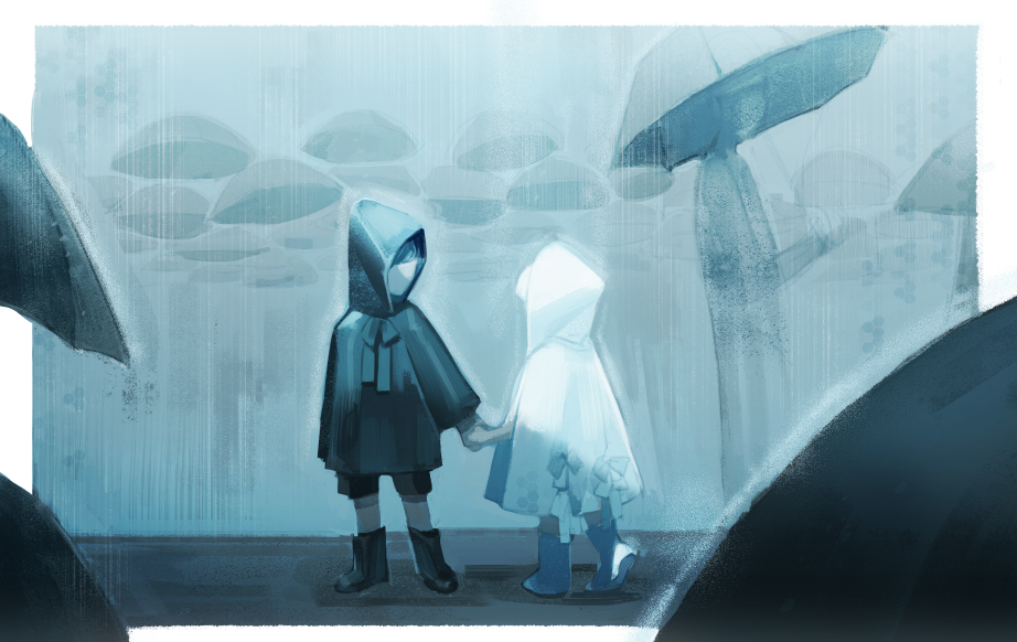 1boy 1girl 6+others black_footwear black_hair black_umbrella cloak clock contrast holding holding_hands holding_umbrella honey_dogs hood hood_up hooded_cloak looking_at_another multiple_others original rain umbrella white_footwear white_hair white_umbrella