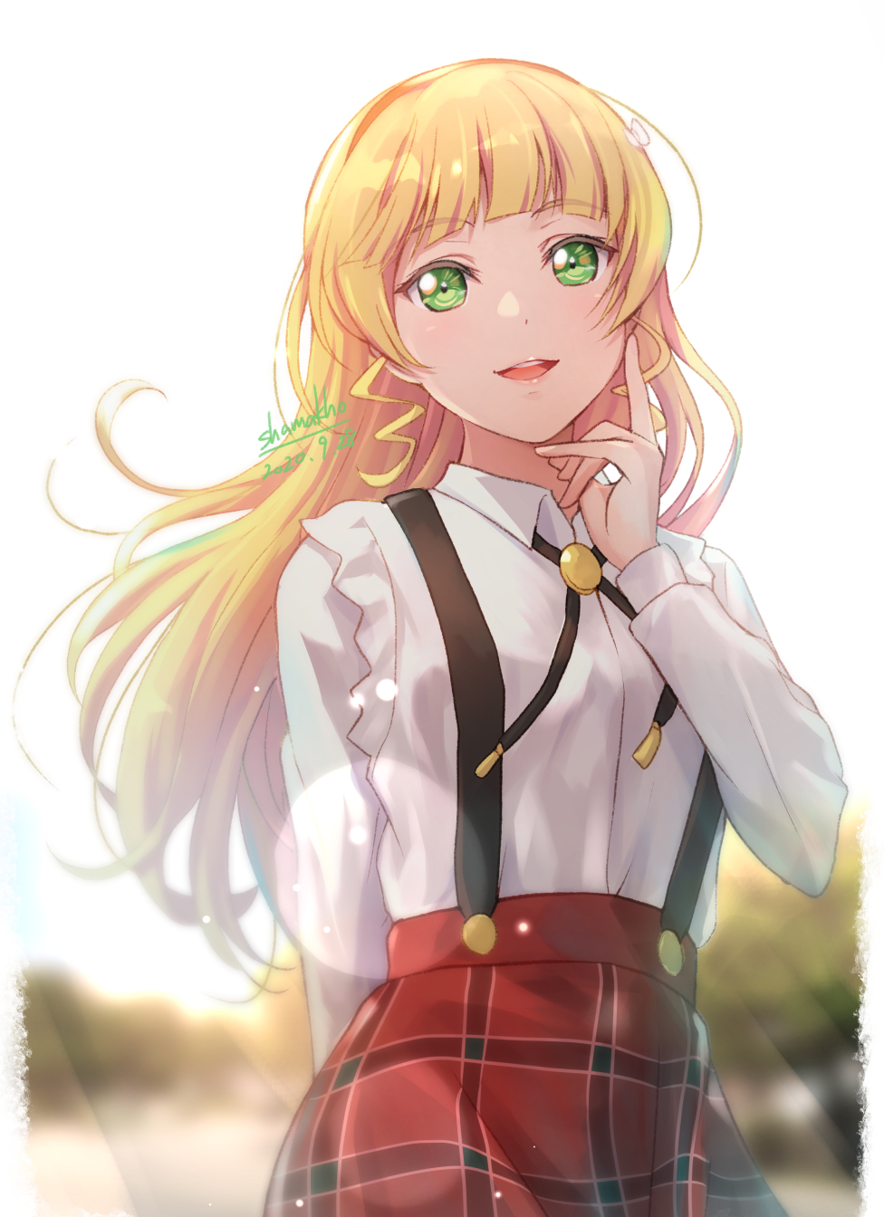 1girl artist_name bangs birthday blonde_hair blunt_bangs commentary_request dated eyebrows_visible_through_hair green_eyes hairband heanna_sumire highres long_hair long_sleeves looking_at_viewer love_live!_superstar!! shamakho shiny shiny_hair sidelocks signature solo upper_body