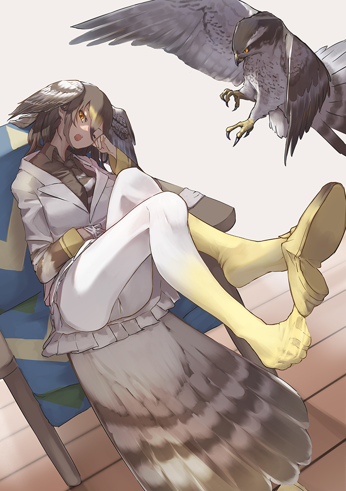 1girl animal ass bird bird_tail bird_wings black_hair blonde_hair brown_hair chair commentary_request don3 feathers feet fisheye gloves gloves_removed half-closed_eye hand_on_own_cheek hawk head_rest head_tilt head_wings jacket kemono_friends legs_up long_sleeves looking_at_viewer medium_hair microskirt multicolored multicolored_clothes multicolored_hair multicolored_legwear multicolored_sleeves northern_goshawk_(kemono_friends) one_eye_closed open_mouth orange_eyes pantyhose pleated_skirt shirt shoe_dangle shoe_soles shoes single_glove single_shoe sitting skirt tail undressing wings