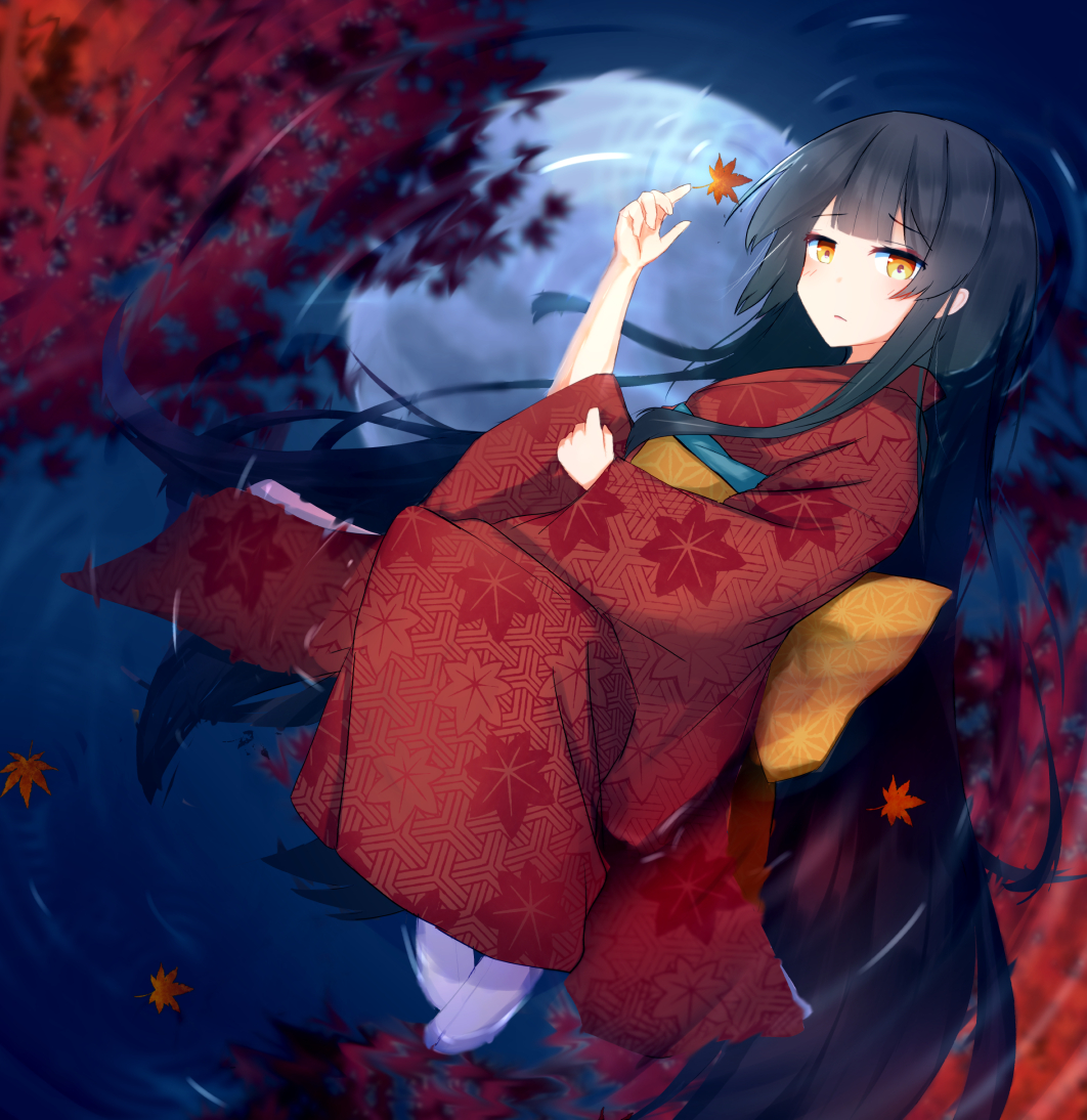 1girl autumn_leaves black_hair blush brown_eyes commentary frown japanese_clothes kimono leaf long_hair looking_at_viewer lying maple_leaf moon moonlight obi on_side original reflection ripples sash solo tabi tamanoti water