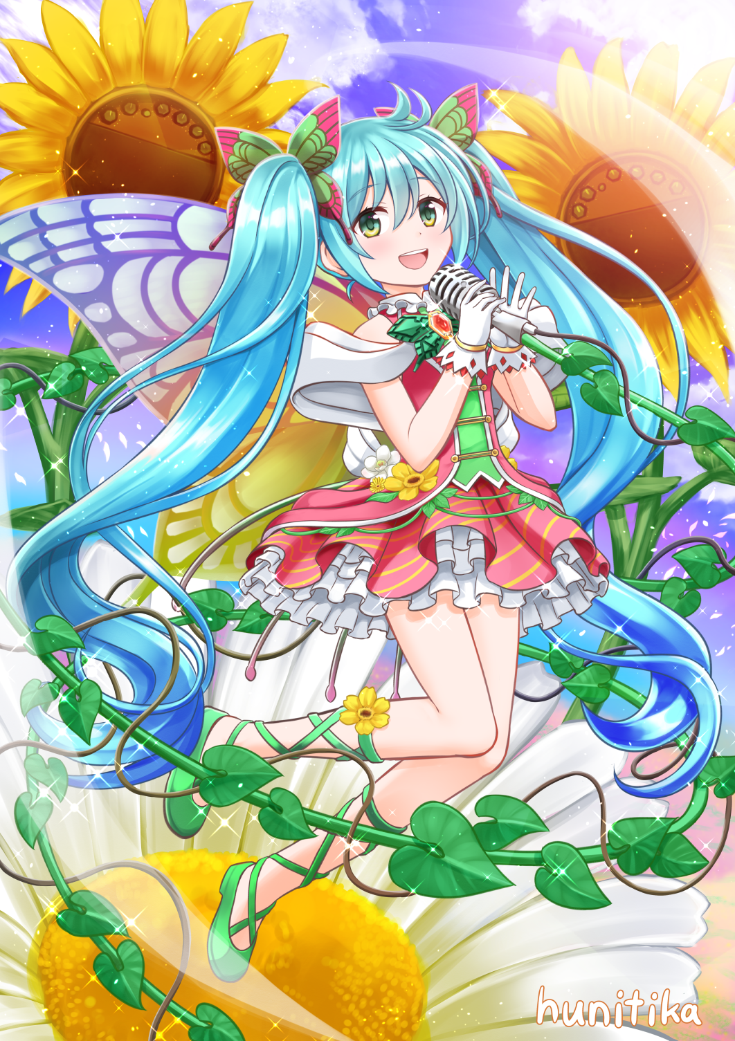 1girl :d bangs bare_shoulders blue_hair blush butterfly_hair_ornament butterfly_wings commentary_request eyebrows_visible_through_hair flower frilled_skirt frills glint gloves green_eyes green_footwear hair_between_eyes hair_ornament hands_up hatsune_miku highres holding holding_microphone leaf long_hair microphone microphone_stand nichika_(nitikapo) open_mouth plant pleated_skirt red_shirt red_skirt shirt shoes signature skirt smile solo sunflower twintails upper_teeth very_long_hair vines vocaloid white_flower white_gloves wings yellow_flower