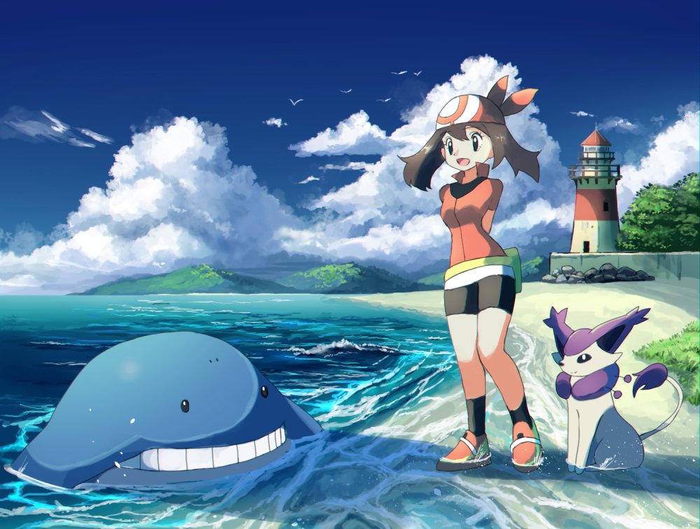 1girl bike_shorts black_legwear brown_hair clouds commentary_request day delcatty eyelashes fanny_pack gen_3_pokemon lighthouse may_(pokemon) open_mouth outdoors pokemon pokemon_(creature) pokemon_(game) pokemon_rse red_bandana rowdon sand shoes sky socks standing tongue wailmer water