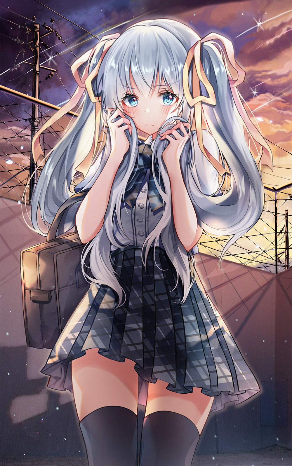 1girl blue_eyes blue_hair eyebrows_visible_through_hair frown highres looking_to_the_side m1yu original plaid plaid_skirt school_uniform skirt sky solo sunset thigh-highs twintails uniform