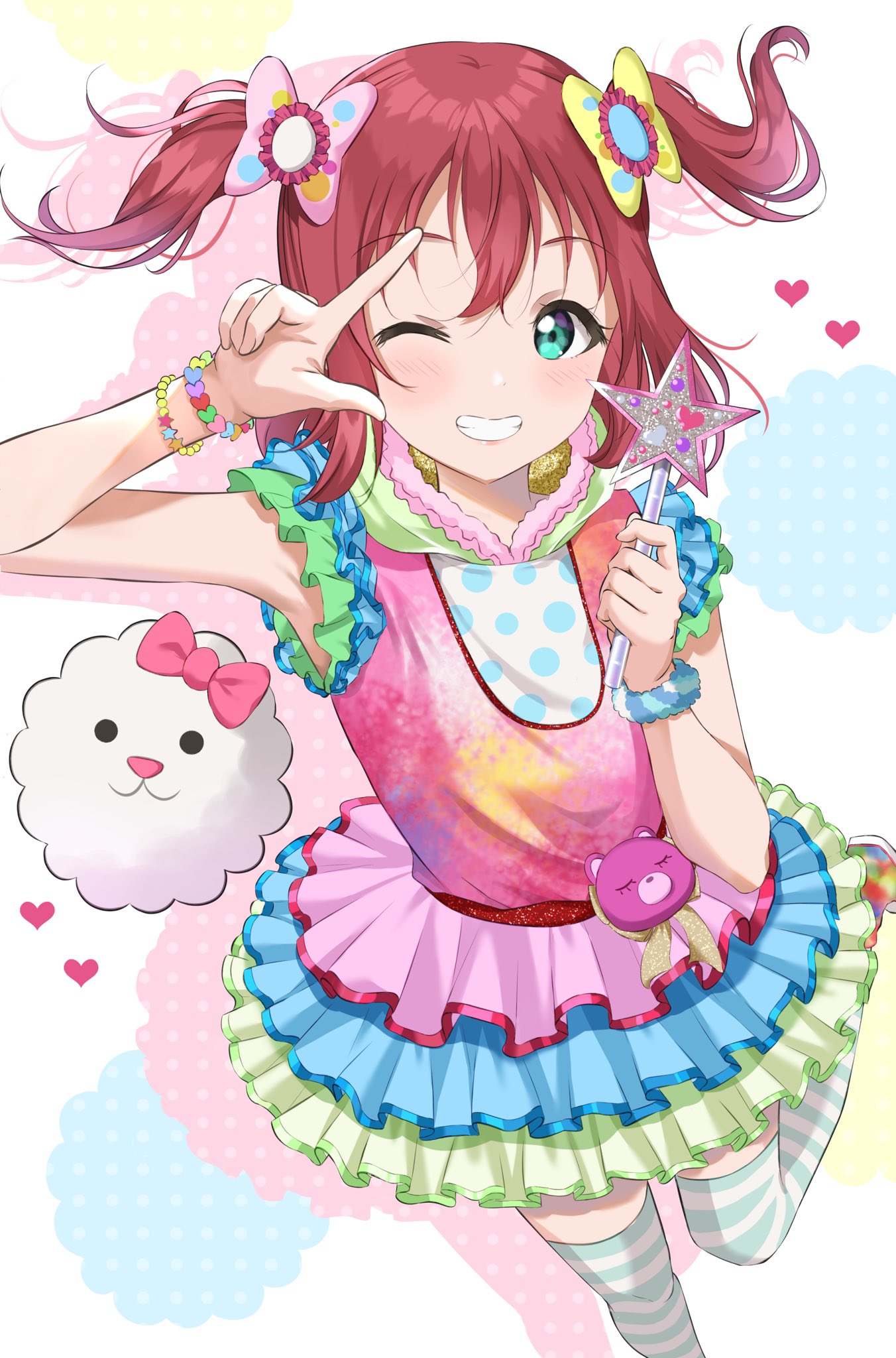 1girl bow bracelet breasts gorilla-shi green_eyes hair_bow highres idol jewelry kurosawa_ruby love_live! love_live!_sunshine!! medium_hair one_eye_closed redhead short_twintails simple_background small_breasts smile solo standing standing_on_one_leg striped striped_legwear thigh-highs tutu twintails