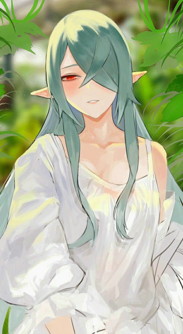 1girl bare_shoulders blurry blurry_background character_request collarbone copyright_request elf english_commentary green_hair hair_over_one_eye half-closed_eyes long_hair looking_at_viewer morin24115 parted_lips pointy_ears red_eyes sidelocks smile solo