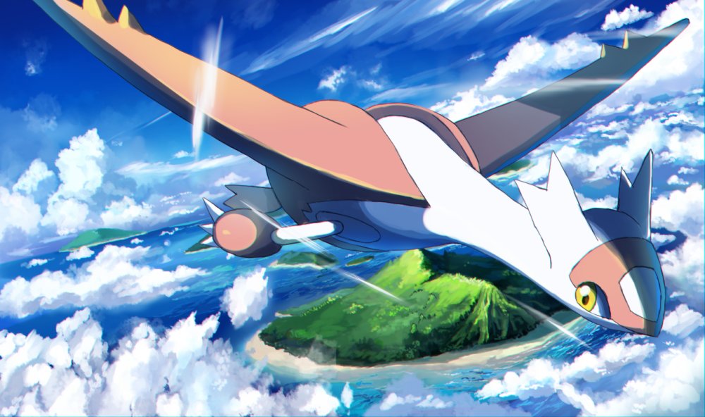 above_clouds clouds commentary day flying gen_3_pokemon island latias legendary_pokemon looking_to_the_side no_humans ocean outdoors pokemon pokemon_(creature) rowdon sky water yellow_eyes