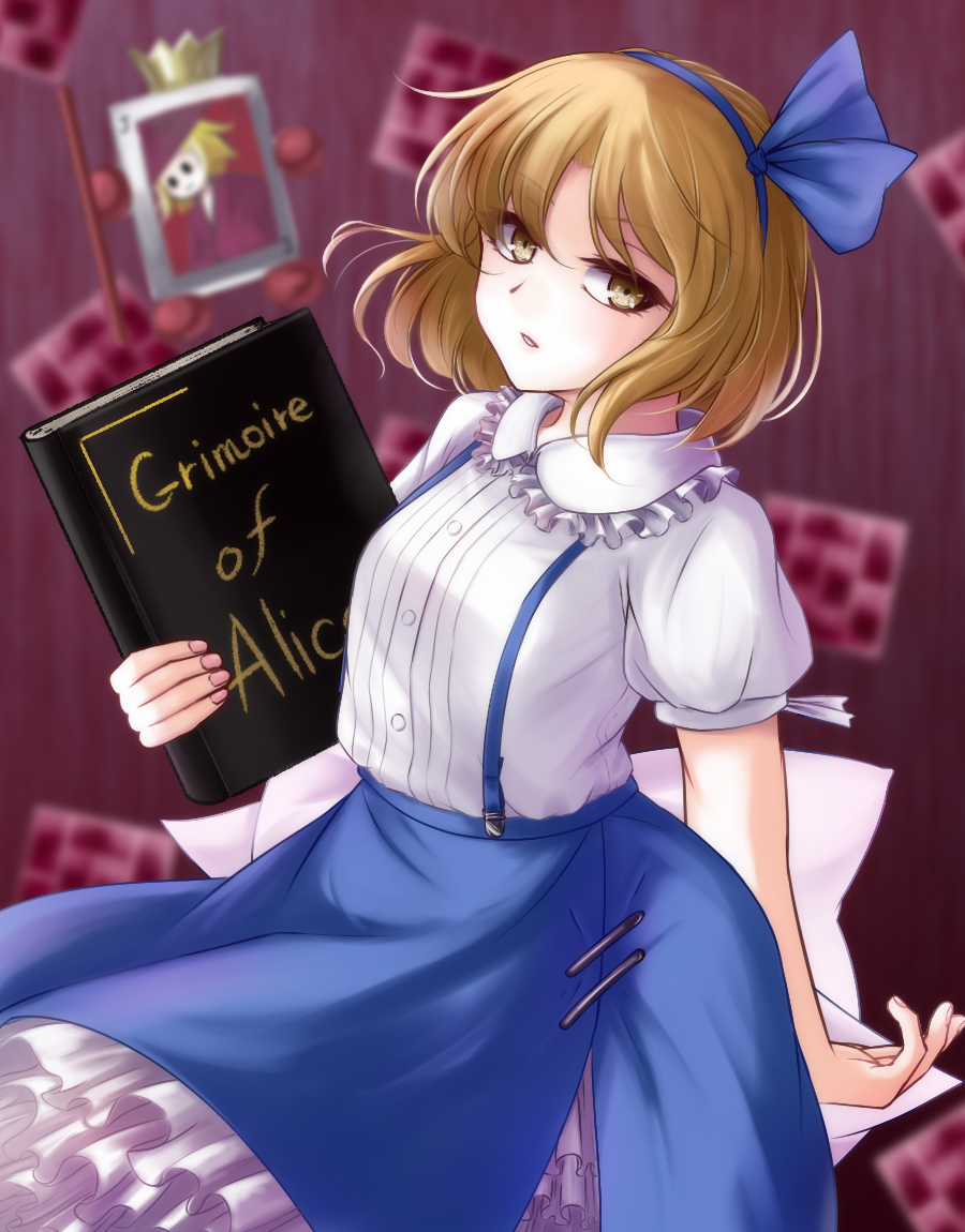 alice_margatroid alice_margatroid_(pc-98) bangs blonde_hair blue_hairband blue_skirt book bow breasts crown frilled_shirt_collar frilled_skirt frills grimoire_of_alice hairband holding holding_book long_skirt nail nail_polish open_mouth pink_nails puffy_short_sleeves puffy_sleeves riria_(liry_a_flower) shirt short_hair short_sleeves skirt small_breasts staff touhou touhou_(pc-98) trump_king white_bow white_shirt yellow_eyes