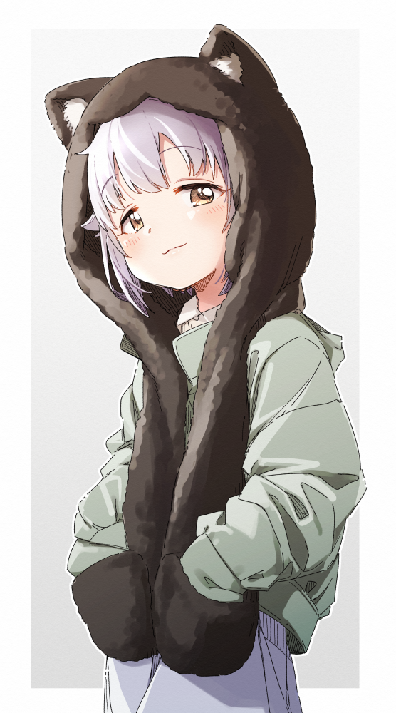 1girl animal_ear_fluff animal_ears animal_hood bangs blue_skirt blush brown_eyes closed_mouth collared_shirt eyebrows_visible_through_hair fake_animal_ears green_jacket grey_background hands_in_pockets hood idolmaster idolmaster_cinderella_girls jacket koshimizu_sachiko looking_at_viewer purple_hair shirt skirt smile solo two-tone_background white_background white_shirt yukie_(kusaka_shi)