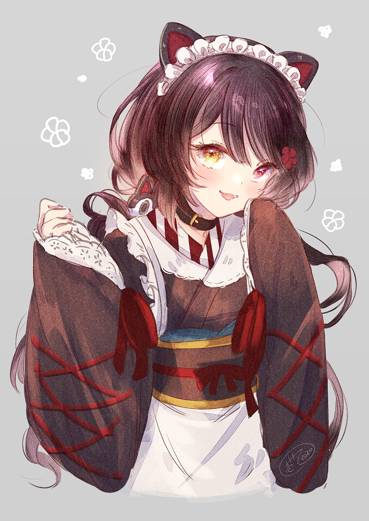 1girl animal_ears apron bangs black_collar black_hair black_kimono blush collar cropped_torso dog_ears dog_hair_ornament eyebrows_visible_through_hair fang grey_background hair_between_eyes hands_up heterochromia inui_toko ittokyu japanese_clothes kimono long_hair long_sleeves looking_at_viewer low_twintails maid_headdress nijisanji obi parted_lips red_eyes red_ribbon ribbon sash simple_background sleeves_past_fingers sleeves_past_wrists smile solo twintails upper_body very_long_hair virtual_youtuber waist_apron white_apron wide_sleeves yellow_eyes