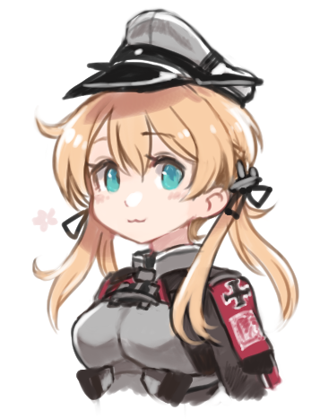 1girl aqua_eyes blonde_hair blush closed_mouth eyebrows_visible_through_hair hair_between_eyes hat kantai_collection long_hair long_sleeves low_twintails lowres military military_hat military_uniform peaked_cap portrait prinz_eugen_(kantai_collection) simple_background smile solo terrajin twintails uniform white_background