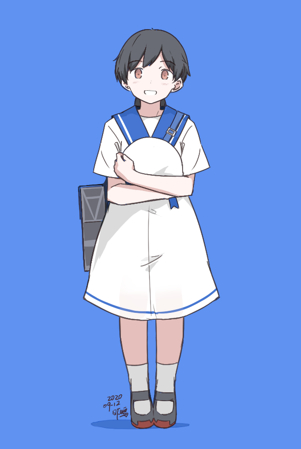 1girl bag black_hair blue_background blue_sailor_collar brown_eyes dress hat hat_removed headwear_removed hiburi_(kantai_collection) holding holding_clothes holding_hat kantai_collection kusakasima looking_at_viewer low_ponytail sailor_collar sailor_dress sailor_hat shoes short_hair short_sleeves simple_background socks solo standing uwabaki white_dress white_legwear