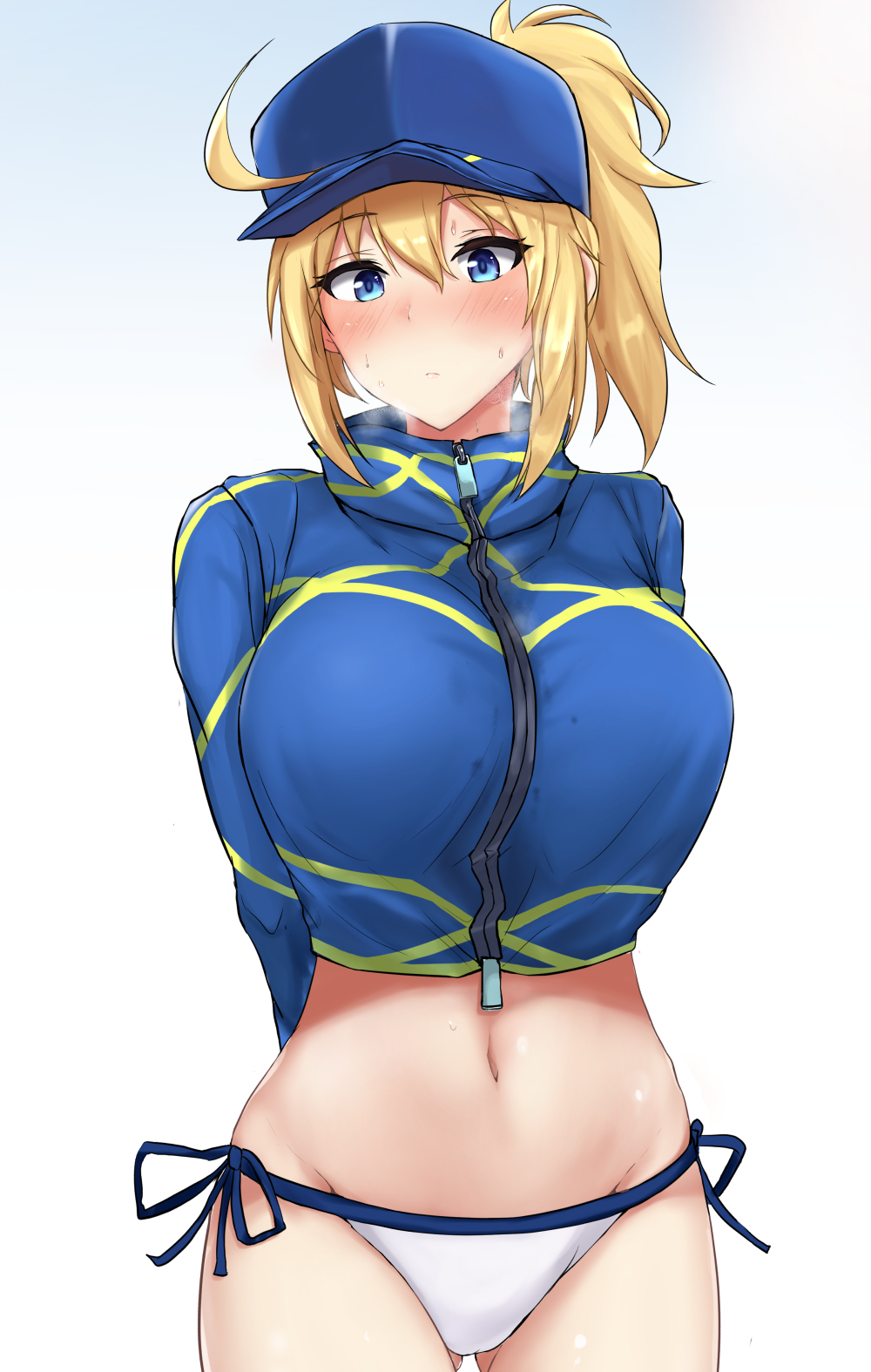 1girl ahoge arms_behind_back artoria_pendragon_(all) ass_visible_through_thighs baseball_cap bikini blonde_hair blue_eyes blue_headwear blush breasts closed_mouth eyebrows_visible_through_hair fate/grand_order fate_(series) hair_between_eyes hair_through_headwear hat highres large_breasts looking_at_viewer mysterious_heroine_xx_(foreigner) navel ponytail poshi_(ginmokusei) shrug_(clothing) side-tie_bikini solo swimsuit white_bikini zipper