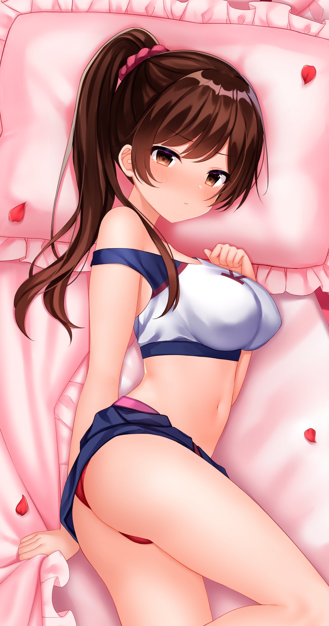 1girl ass bare_arms bare_shoulders bed_sheet black_skirt breasts brown_eyes brown_hair cheerleader closed_mouth covered_nipples crop_top dakimakura embarrassed frown hair_ornament hair_scrunchie hand_on_own_chest highres kanojo_okarishimasu long_hair looking_at_viewer lying medium_breasts midriff miniskirt mizuhara_chizuru navel on_back panties petals pillow ponytail red_panties scrunchie shirt shouu-kun skirt skirt_lift sleeveless sleeveless_shirt solo stomach strap_slip thighs underwear white_shirt