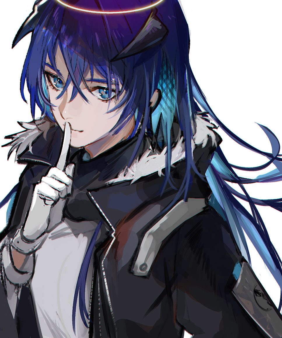 1girl 3o_c arknights bangs black_jacket blue_eyes blue_hair commentary finger_to_mouth fur-trimmed_jacket fur_trim grey_shirt hair_between_eyes halo hand_up horns index_finger_raised jacket long_hair looking_at_viewer mostima_(arknights) open_clothes open_jacket shirt simple_background solo upper_body white_background