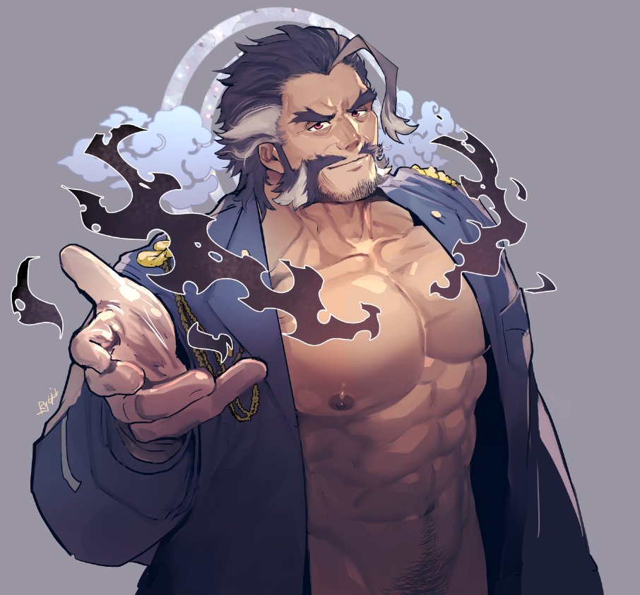 1boy abs ahoge bara bare_chest chest daikoku_(tokyo_houkago_summoners) dark_blue_hair facial_hair forked_eyebrows jacket male_focus manly multicolored_hair muscle mustache navel navel_hair nipples open_clothes open_jacket orange_eyes rybiokaoru short_hair sideburns solo thick_eyebrows tokyo_houkago_summoners two-tone_hair white_hair