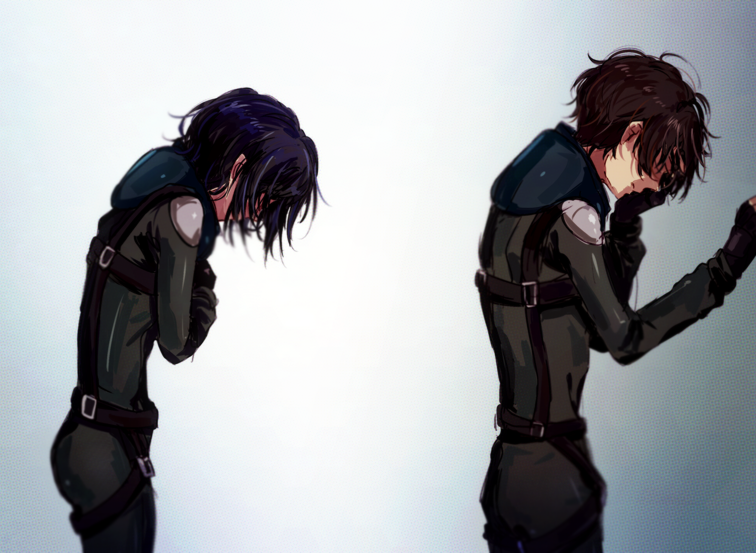 1boy 1girl aldnoah.zero amifumi_inko black_hair blurry bodysuit brown_hair crying depth_of_field hair_over_eyes hand_on_own_face hetero hidden_eyes kaizuka_inaho pain pilot_suit self_hug shokupa_(skp300) short_hair