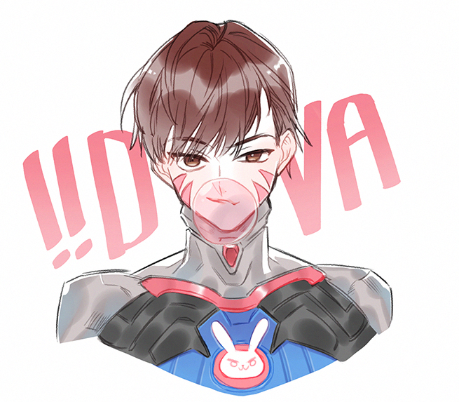 brown_eyes brown_hair bubble_blowing character_name chewing_gum d.va_(overwatch) eyebrows_visible_through_hair face facial_mark genderswap genderswap_(ftm) honey_dogs overwatch smile upper_body whisker_markings white_background