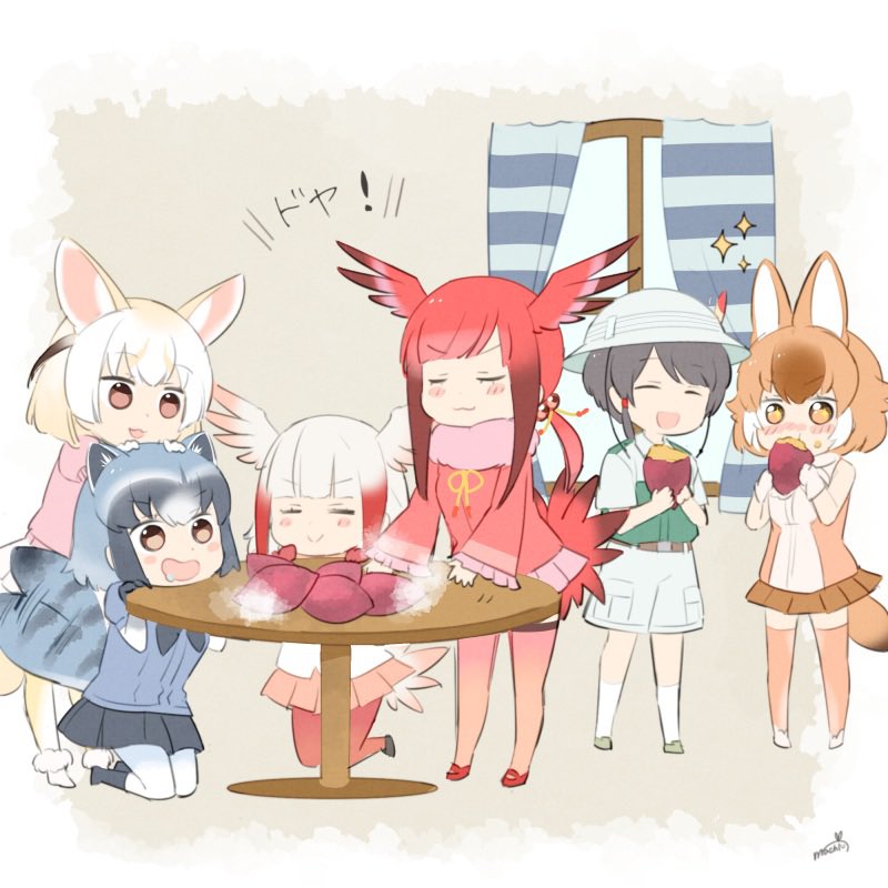 1boy 5girls :3 :d animal_ears bird_tail black_hair blonde_hair blush brown_hair captain_(kemono_friends) chibi closed_eyes commentary_request common_raccoon_(kemono_friends) curtains dhole_(kemono_friends) dog_ears eating fennec_(kemono_friends) food fox_ears frilled_sleeves frills grey_hair hat head_wings japanese_crested_ibis_(kemono_friends) kemono_friends_3 kneeling multicolored_hair multiple_girls open_mouth pleated_skirt raccoon_ears raccoon_tail redhead scarlet_ibis_(kemono_friends) skirt smile smug sparkle standing steam sweet_potato table tail uzuki_machi white_hair white_headwear wide_sleeves window