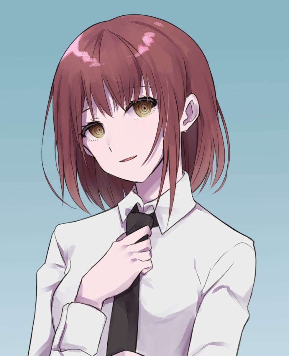1girl alternate_hairstyle black_neckwear blue_background breasts business_suit chainsaw_man collared_shirt eyebrows eyebrows_visible_through_hair formal head_tilt highres long_sleeves makima_(chainsaw_man) medium_breasts necktie neckwear parted_lips raimone26 ringed_eyes shirt short_hair simple_background smile solo suit upper_body yellow_eyes