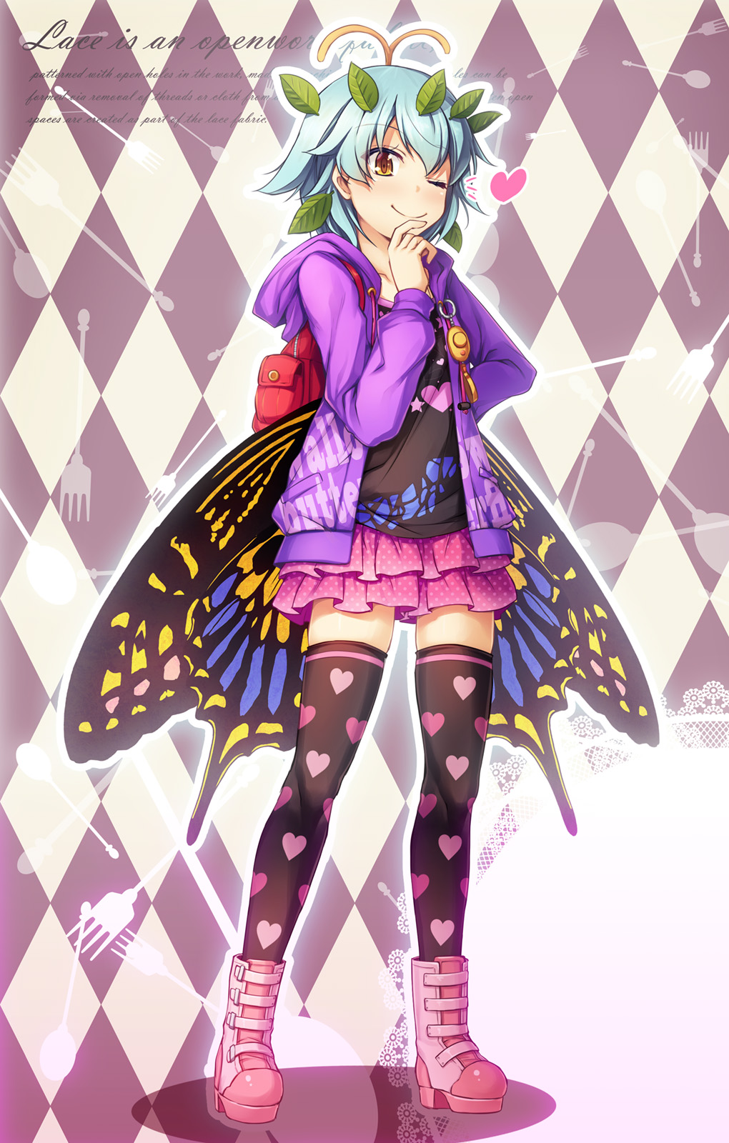 alternate_costume antennae aqua_hair bag black_blouse black_legwear blouse boots brown_eyes butterfly_wings chima_q contemporary eternity_larva full_body hair_ornament hand_on_head hand_on_hip heart highres hood hoodie leaf leaf_hair_ornament leaf_on_head miniskirt one_eye_closed pink_footwear pink_skirt purple_hoodie red_bag rhombus_background skirt smile socks standing thigh-highs touhou wings yellow_wings zettai_ryouiki