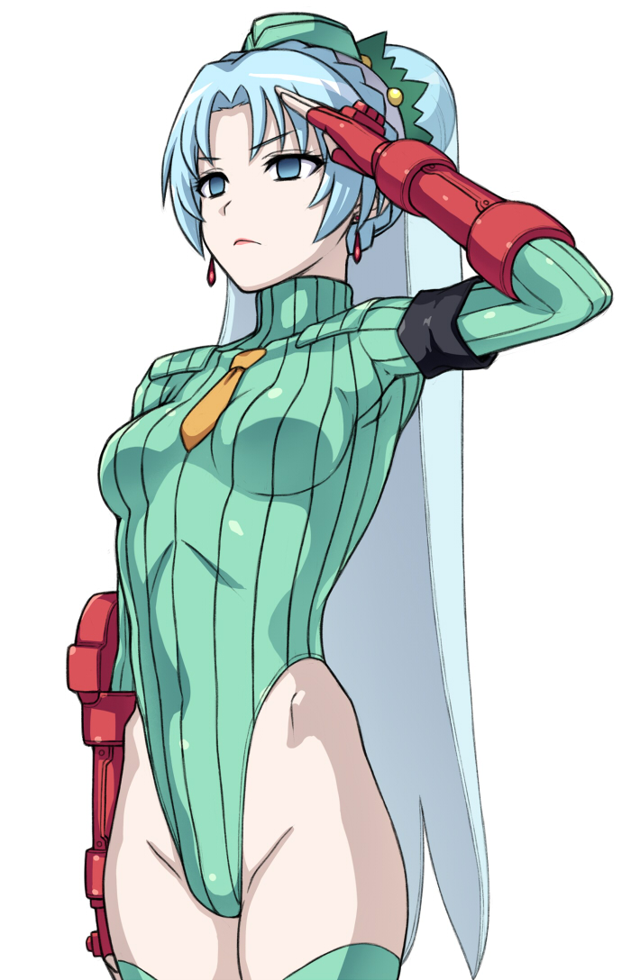 1girl blue_hair braid breasts cammy_white cammy_white_(cosplay) corruption cosplay crown_braid dark_persona fingerless_gloves garrison_cap gloves green_headwear green_leotard grune_(tales) hai_(h81908190) hat highleg highleg_leotard leotard necktie red_gloves salute shadaloo_dolls short_hair simple_background small_breasts solo street_fighter street_fighter_zero_(series) tales_of_(series) tales_of_legendia white_background white_hair yellow_neckwear