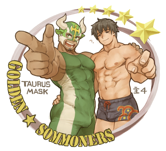 2boys bara black_hair bobfosse bulge character_request chest facial_hair goatee green_eyes horned_mask looking_at_viewer male_focus manly multiple_boys muscle nipples pointing pointing_at_viewer short_hair taurus_mask thick_thighs thighs tight tokyo_houkago_summoners wrestling_outfit