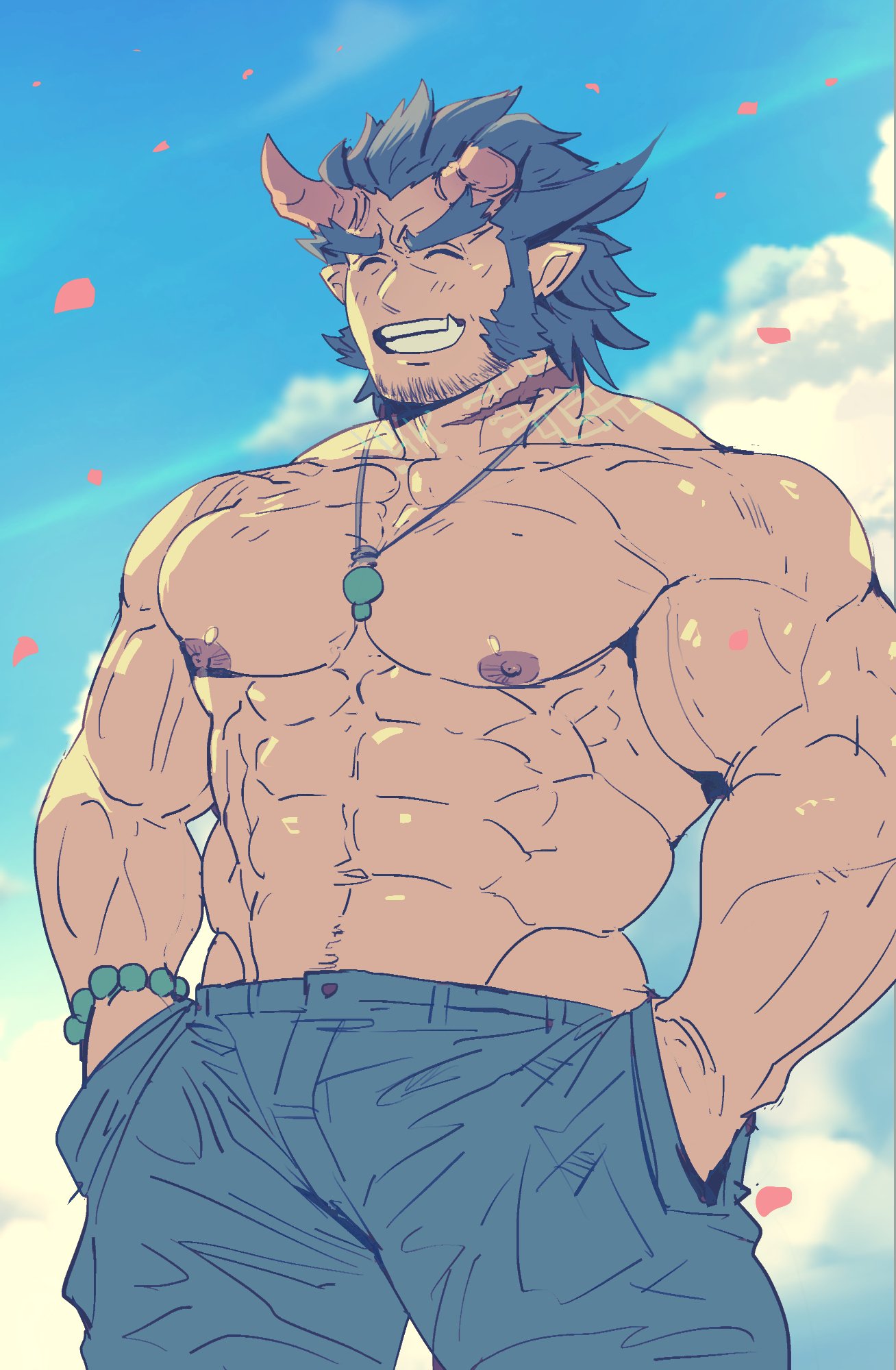 1boy ^_^ abs bara chest closed_eyes clouds cloudy_sky dark_blue_hair denim facial_hair fang forked_eyebrows hands_in_pockets highres horns jeans jewelry male_focus manly muscle navel navel_hair necklace nipples pants petals rybiokaoru shirtless short_hair sideburns sky solo takemaru_(tokyo_houkago_summoners) thick_eyebrows tokyo_houkago_summoners