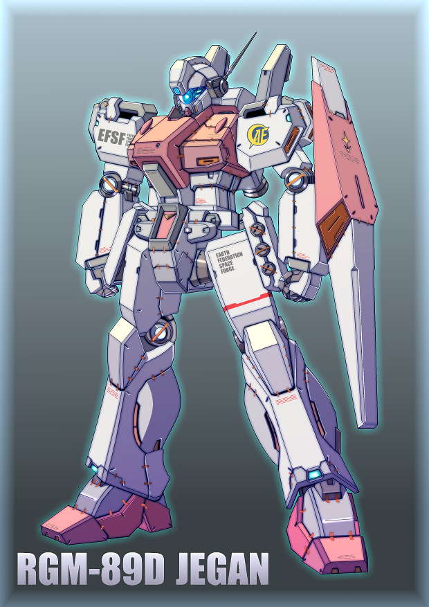 character_name clenched_hands gundam jegan joy_(cyber_x_heaven) looking_down mecha missile_pod no_humans radio_antenna shield solo standing visor