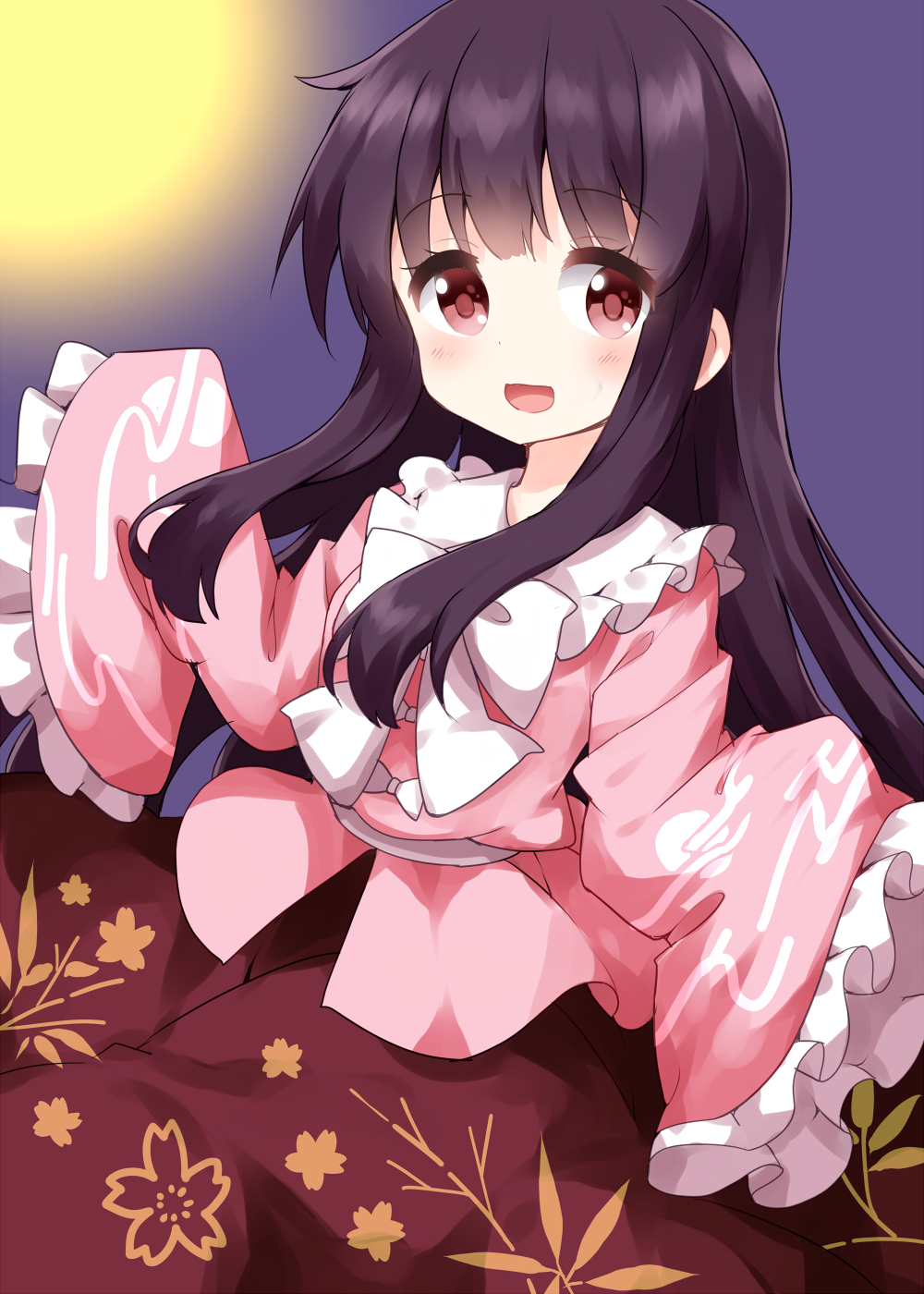 1girl bangs black_hair blush bow bowtie eyebrows_visible_through_hair frilled_shirt_collar frilled_sleeves frills highres houraisan_kaguya looking_at_viewer open_mouth pink_shirt red_eyes red_skirt ruu_(tksymkw) shirt skirt sleeves_past_fingers sleeves_past_wrists solo touhou white_bow white_neckwear