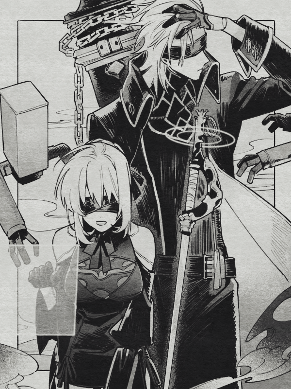 1boy 1girl antenna_hair belt blindfold chain closed_mouth floating floating_weapon gloves greatsword greyscale hair_between_eyes hair_slicked_back half_gloves honey_dogs monochrome nier_(series) nier_automata open_mouth original pod_(nier_automata) smile steam sword weapon weapon_on_back
