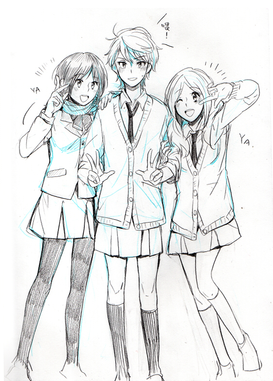 1boy 2girls :d ;d aki_(neyuki41028) aldnoah.zero alternate_costume amifumi_inko blush cardigan crossdressinging double_v graphite_(medium) hand_on_another's_shoulder hatching_(texture) locked_arms long_hair monochrome multiple_girls necktie nina_klein one_eye_closed open_mouth pantyhose pleated_skirt scarf school_uniform short_hair skirt slaine_troyard smile traditional_media twintails v