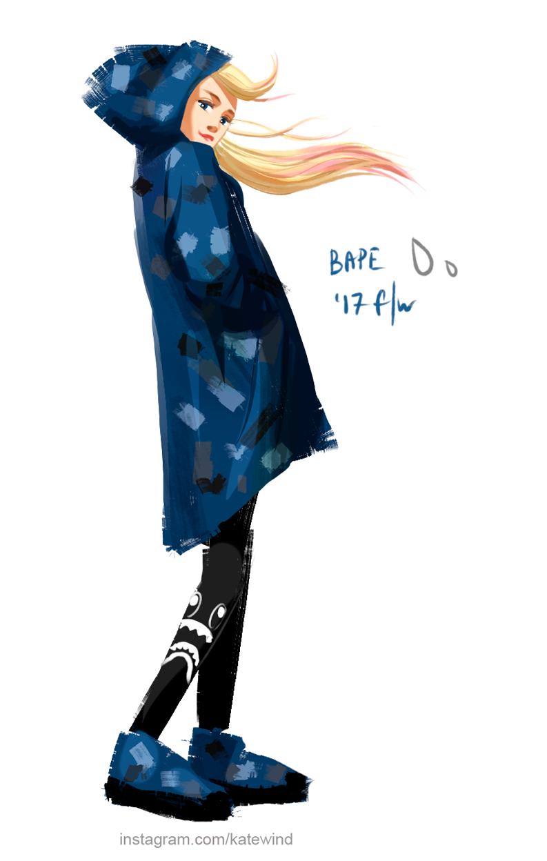 1girl bape blonde_hair blue_eyes camouflage_jacket english_commentary fashion highres katewind leggings looking_at_viewer looking_back original shoes smile sneakers solo white_background