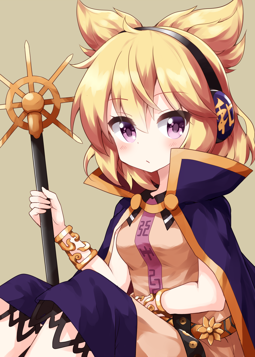 1girl beige_background belt blonde_hair bracer cape earmuffs eyebrows_visible_through_hair gold highres looking_at_viewer pink_eyes pointy_hair purple_skirt ruu_(tksymkw) simple_background skirt solo touhou toyosatomimi_no_miko