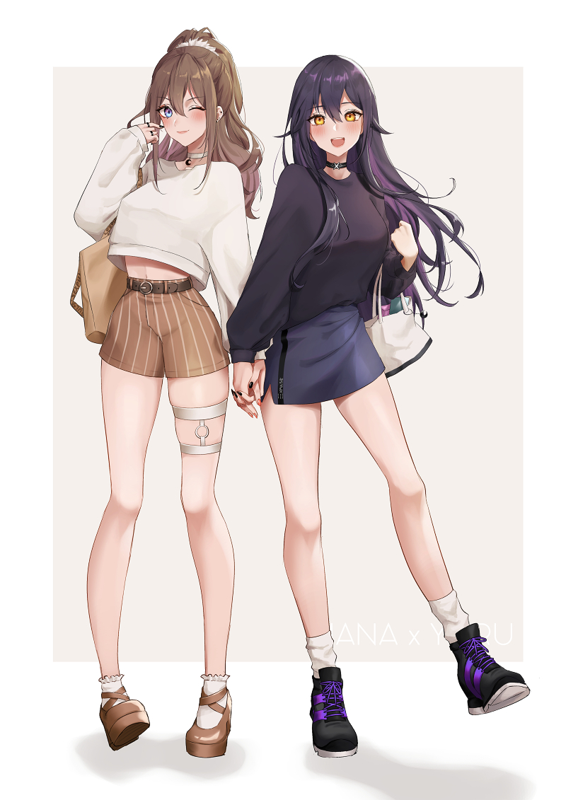 2girls bag bangs belt black_nails blue_eyes blush borrowed_character breasts brown_hair choker expulse fingernails hair_ornament hair_scrunchie handbag holding_hands legs lips medium_breasts midriff multiple_girls nail_polish one_eye_closed open_mouth original pink_nails ponytail purple_hair scrunchie shoes shorts skirt socks thigh_strap yellow_eyes