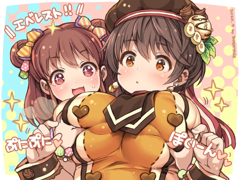 2girls :d artist_name bangs black_headwear blush bow breast_grab breasts brown_eyes brown_hair commentary_request dated double_bun earrings eyebrows_visible_through_hair grabbing hair_between_eyes hair_bow hat heart idolmaster idolmaster_cinderella_girls jewelry large_breasts long_hair multiple_girls munakata_atsumi oikawa_shizuku open_mouth polka_dot polka_dot_bow red_eyes shigatake short_hair smile striped striped_bow translation_request upper_body wrist_cuffs