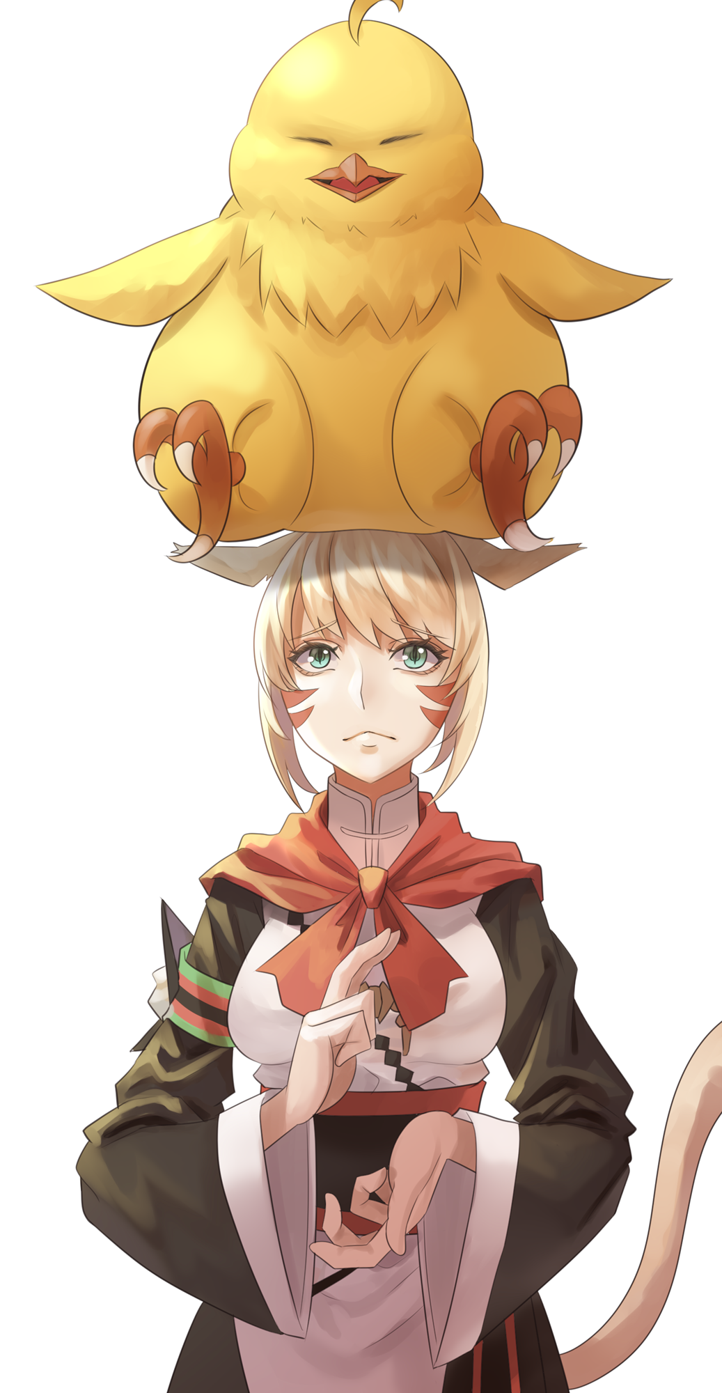 1girl ahoge animal_ears animal_on_head cat_ears cat_tail chocobo facial_mark final_fantasy final_fantasy_xiv frown green_eyes hand_gesture highres looking_up miqo'te obi ojiki on_head sash simple_background solo tail white_background