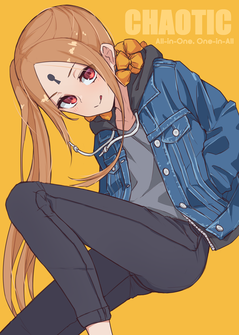 1girl abigail_williams_(fate/grand_order) bangs black_pants blonde_hair blue_jacket blush bow breasts contemporary fate/grand_order fate_(series) forehead grey_shirt jacket keyhole kopaka_(karda_nui) licking_lips long_hair long_sleeves looking_at_viewer multiple_bows open_clothes open_jacket orange_bow pants parted_bangs red_eyes shirt small_breasts smile thighs tongue tongue_out yellow_background