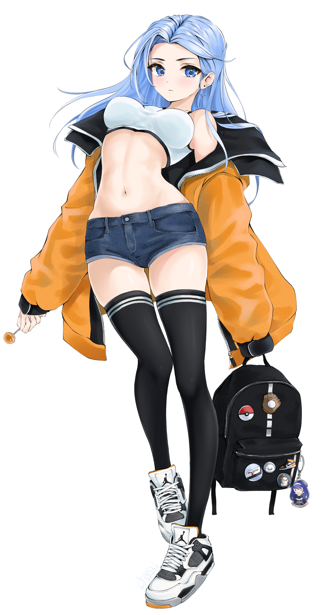 1girl backpack backpack_removed bag bare_shoulders black_legwear blue_eyes blue_hair blue_shorts breasts candy chaesu closed_mouth crop_top denim denim_shorts floating_hair food forehead full_body highres holding jacket lollipop long_hair long_sleeves looking_at_viewer medium_breasts midriff minah_(chaesu) navel off_shoulder open_clothes open_jacket orange_jacket original shirt shoes short_shorts shorts simple_background sleeveless sleeveless_shirt sneakers solo stomach thigh-highs thighs white_background white_footwear white_shirt