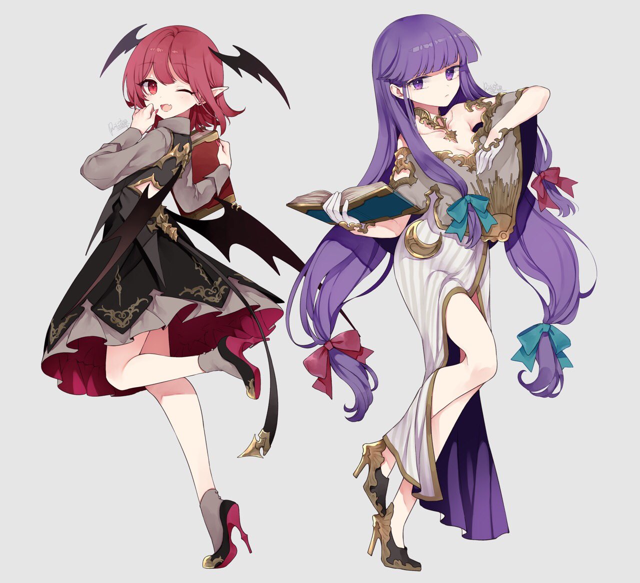 2girls alternate_costume back_cutout bat_wings black_footwear black_skirt black_vest blue_bow book bow clothing_cutout commentary crescent dress fang full_body gloves grey_background grey_shirt hair_bow hand_up head_wings high_heels holding holding_book koakuma long_hair long_sleeves looking_at_viewer looking_back multiple_girls off-shoulder_dress off_shoulder one_eye_closed open_mouth patchouli_knowledge pointy_ears purple_hair red_bow red_eyes red_nails redhead risui_(suzu_rks) shirt shoes short_sleeves simple_background skirt smile socks standing standing_on_one_leg striped striped_dress touhou very_long_hair vest violet_eyes white_dress white_gloves white_legwear wings