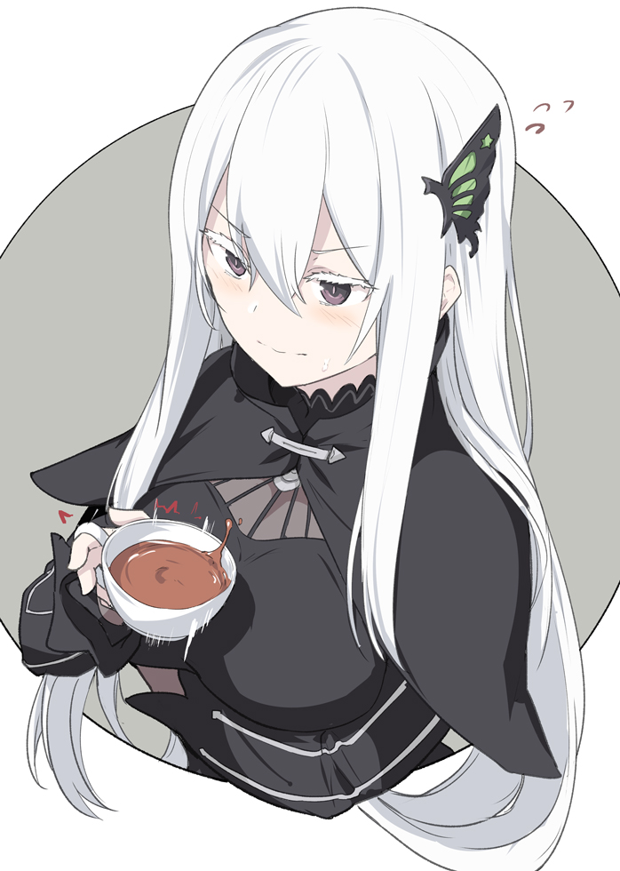 1girl bangs black_capelet black_dress blush breasts butterfly_hair_ornament capelet closed_mouth cup dress echidna_(re:zero) hair_between_eyes hair_ornament large_breasts long_hair long_sleeves re:zero_kara_hajimeru_isekai_seikatsu shiseki_hirame silver_hair simple_background striped tea teacup vertical-striped_dress vertical_stripes violet_eyes white_background white_eyelashes