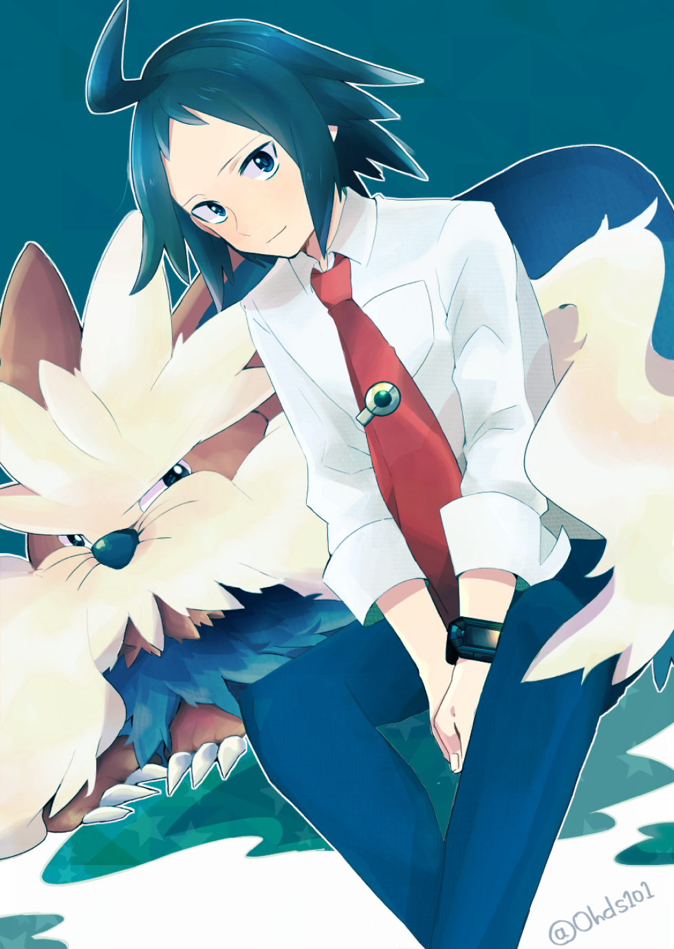 1boy ahoge artist_name between_legs black_hair blue_pants cheren_(pokemon) closed_mouth collared_shirt commentary_request fingernails gen_5_pokemon hand_between_legs highres looking_at_viewer medium_hair necktie ohds101 outline pants pokemon pokemon_(creature) pokemon_(game) pokemon_bw2 red_neckwear shirt sleeves_rolled_up stoutland watermark white_shirt